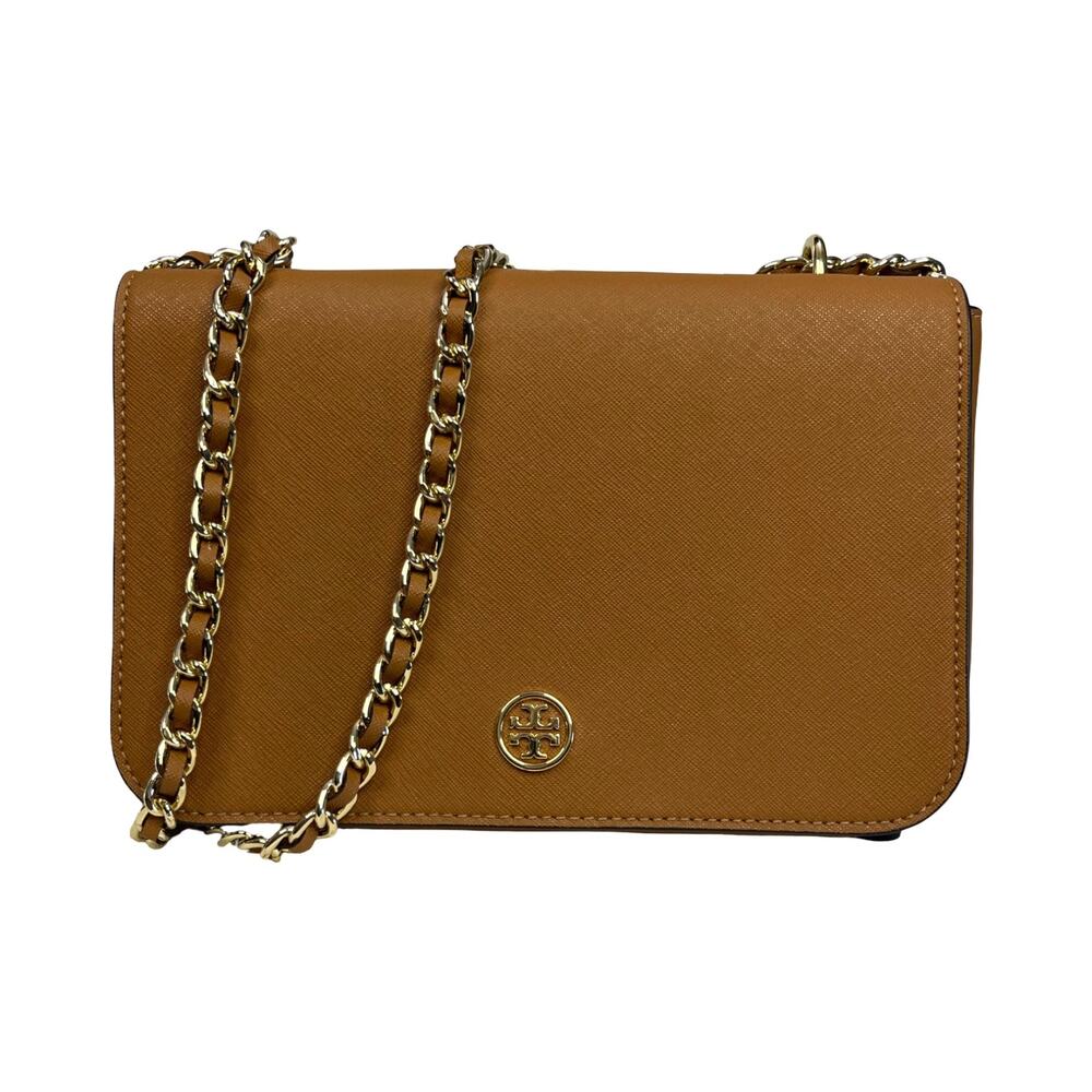 Tory Burch Chain Flap Crossbody Bag Tan Saffiano Leather Gold Style 10005608